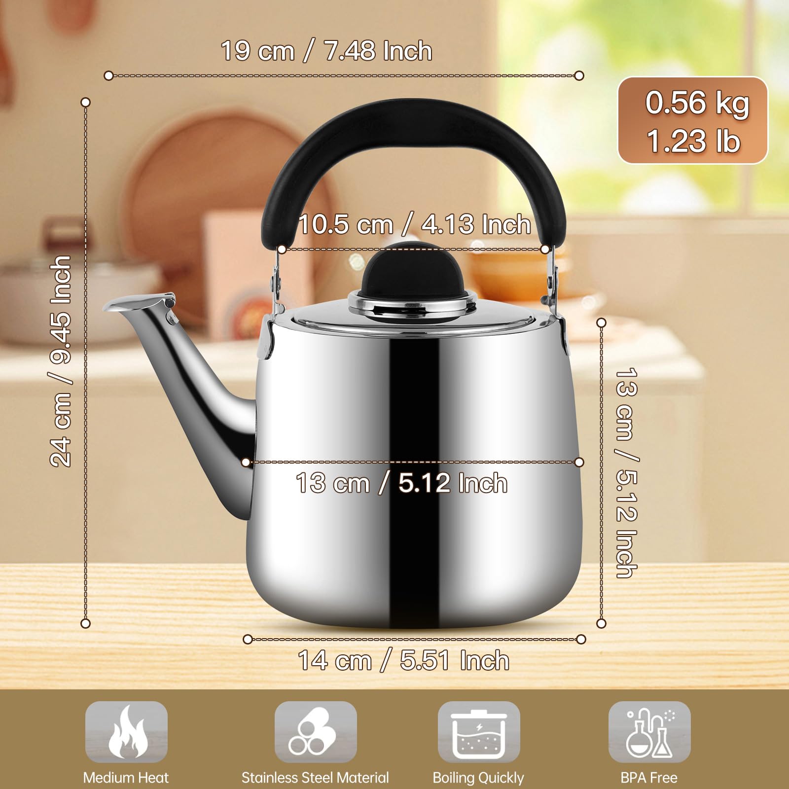 MAXCOOK 2.1 QT Stainless Steel Whistling Tea kettle for Stove Top