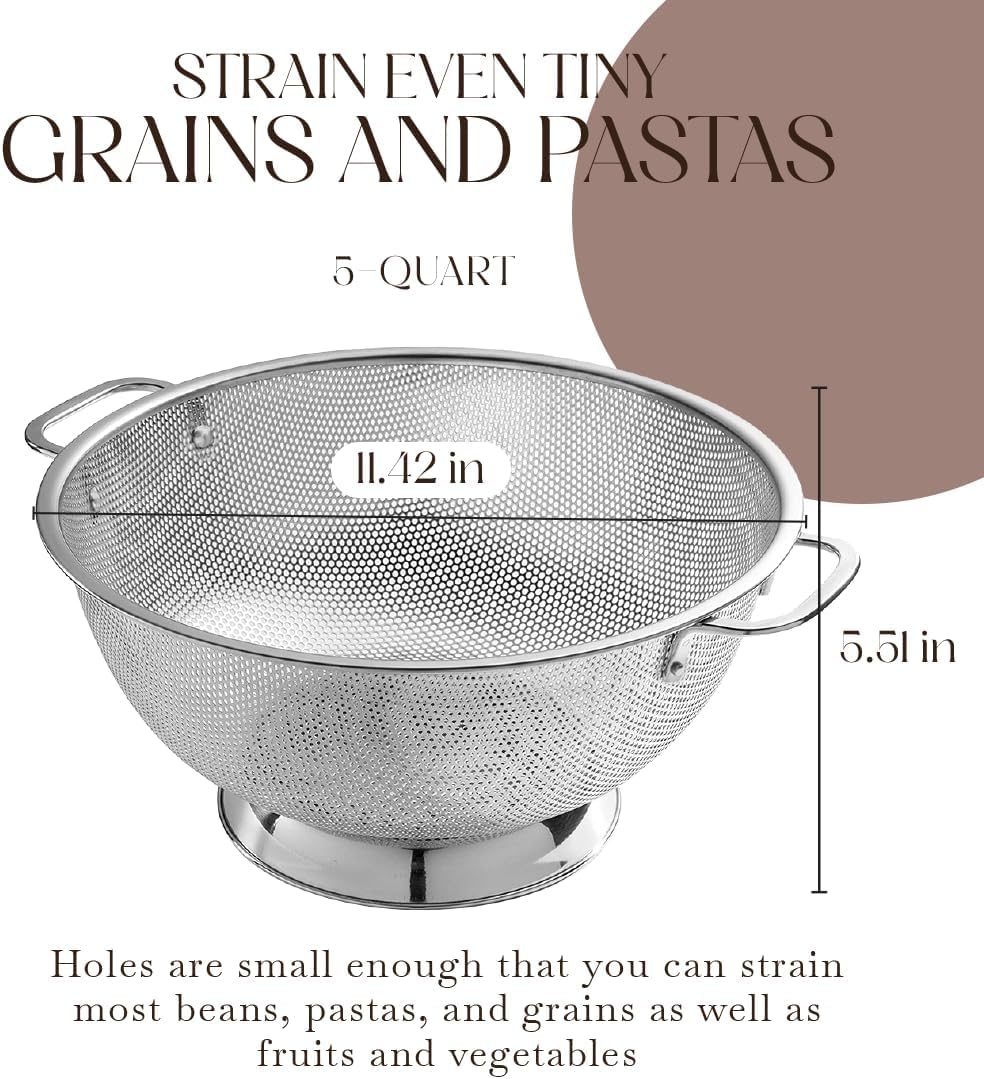 Bellemain Stainless Steel Colander for Kitchen, 5 Qt Pasta & Rice Strainer
