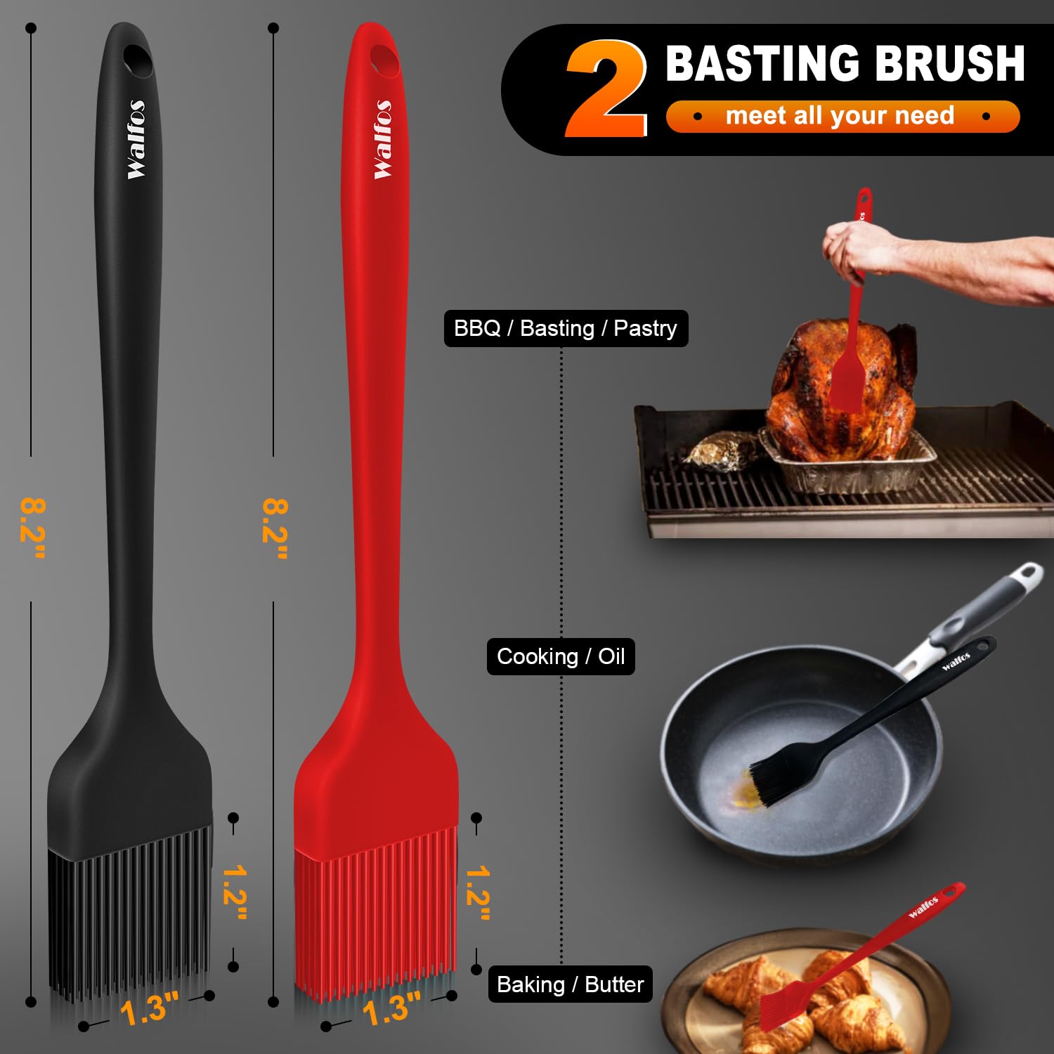 Walfos Pastry Brush, 600℉ Heat Resistant Silicone Basting Small Brush For Baking Cooking BBQ Kitchen king, Desserts, BPA Free&Dishwasher Safe