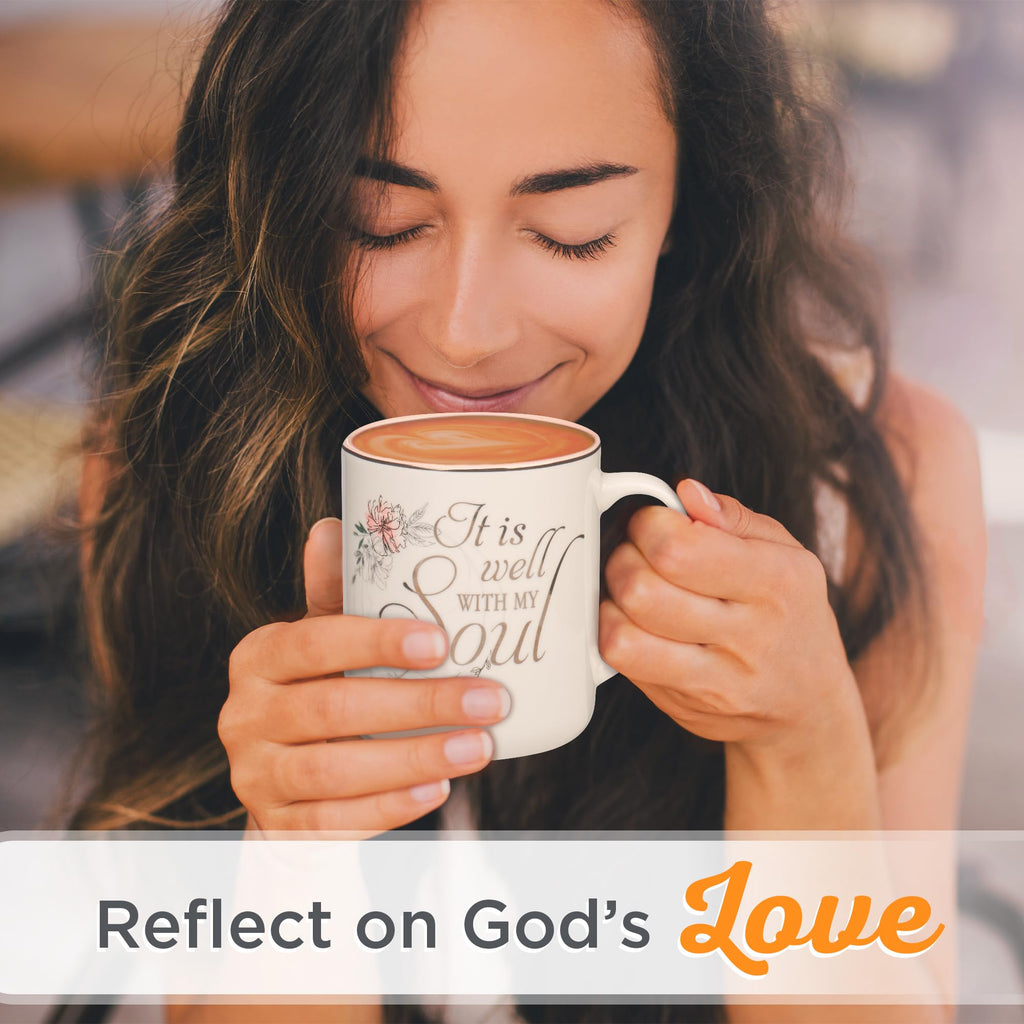 Christian Art Gifts Floral Pink Ceramic Coffee Mug – 14 oz. Lead and Cadmium-free, Non-toxic Inspirational Scripture Coffee and Tea Mug for Women with Worship Song and Hymn: It is Well with My Soul