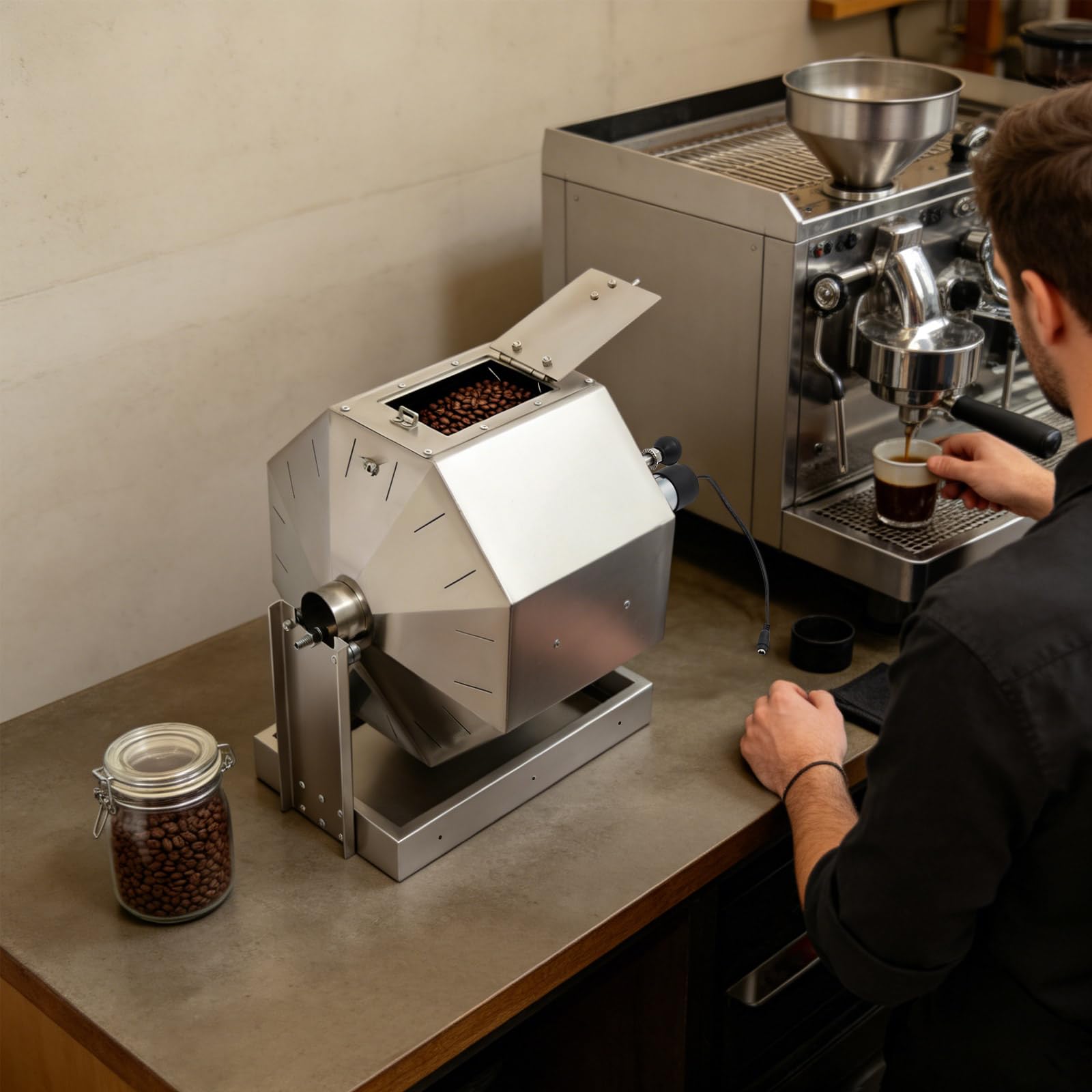 14.5L Coffee Roaster, Stainless Steel Electric Coffee Bean Roaster with Speed Controller 5-45 RPM, 14W Motor, Auto-matic Drum Type Nuts Coffee Bean Baking Machine, Home and Commercial Use Silver