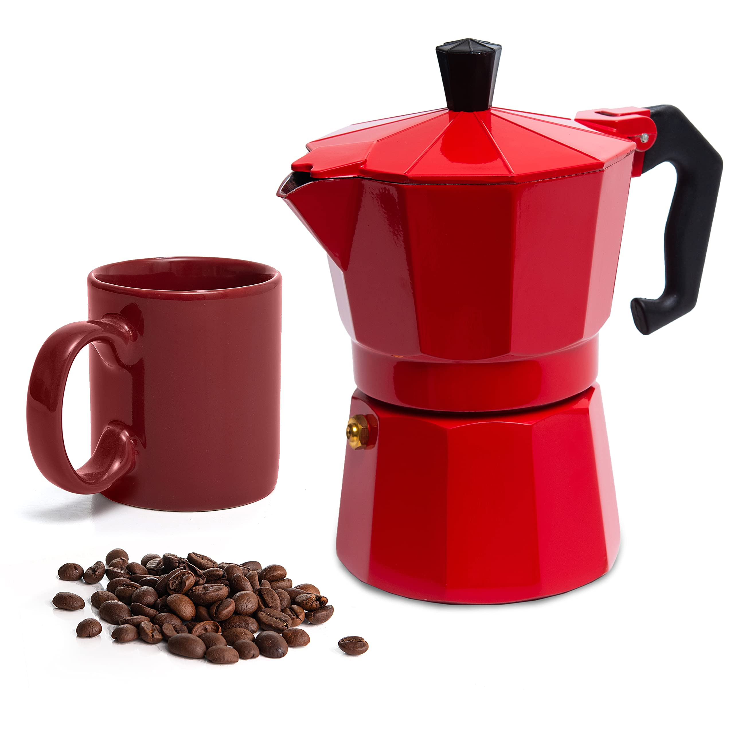 Mixpresso Red 3 Cup Moka Pot Cuban Coffee Maker, Moka Pot for Gas, Electric Stove Top, Classic Italian Coffee Maker, Stovetop Espresso Maker, Camping Pot Makes 3 Espresso Cup 5 Oz - Mug 4.4 Oz