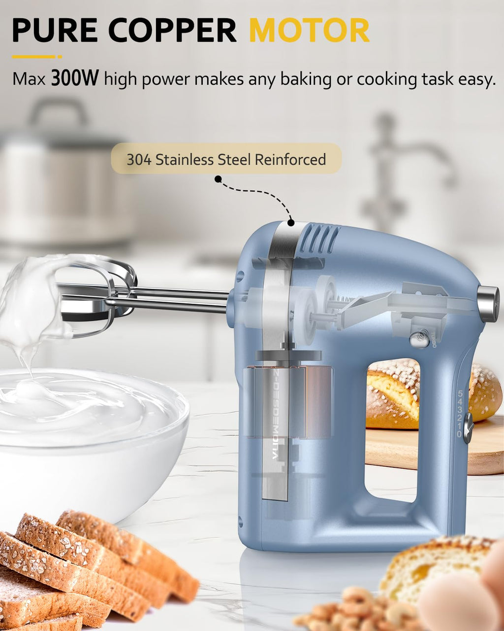 Z-DESDEMONA Electric Hand Mixer, Powerful Hand Mixer Electric Handheld with 304 Beaters, Dough Hook, Whisk, Hand Held Mixer with Turbo for Baking Cakes, Eggs, Cream Food(Blue)