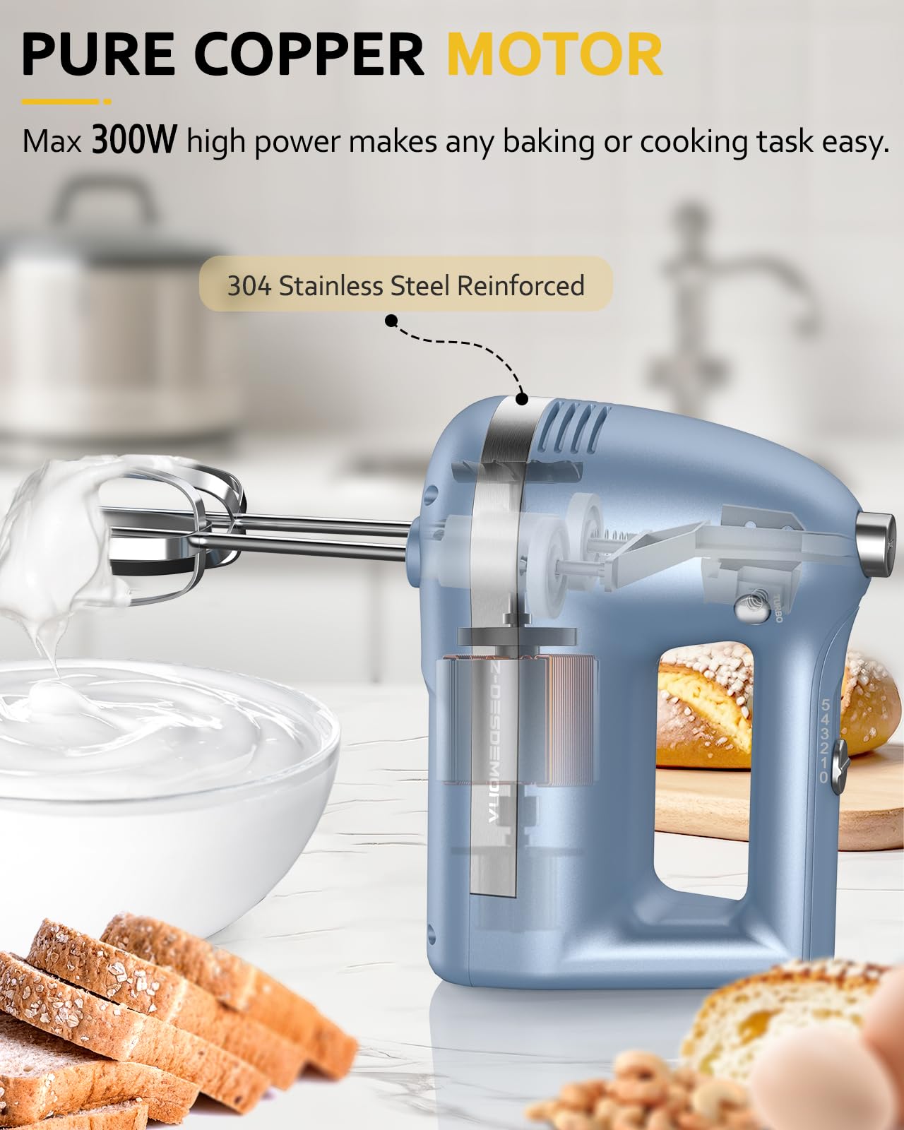 Z-DESDEMONA Electric Hand Mixer, Powerful Hand Mixer Electric Handheld with 304 Beaters, Dough Hook, Whisk, Hand Held Mixer with Turbo for Baking Cakes, Eggs, Cream Food(Blue)