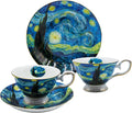 Floral Tea Cups Saucers Set of 2, Bone China 7 oz British Teacups Porcelain Van Gogh Coffee Cup for Rose Tea Cappuccino Espresso Latte (Starry Sky & Starry Sky)