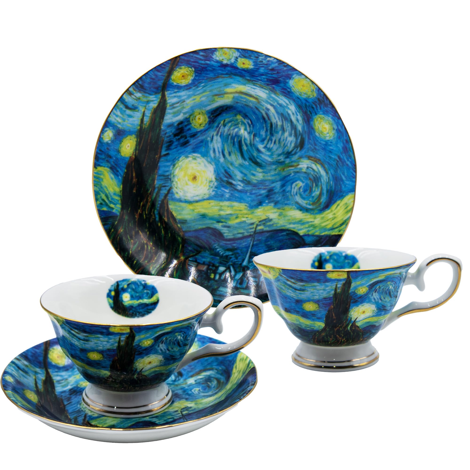 AOTELIDA Floral Tea Cups Saucers Set of 2, Bone China 7 oz British Teacups Porcelain Coffee Cup for Rose Tea Cappuccino Espresso Latte (Starry Sky & Starry Sky)