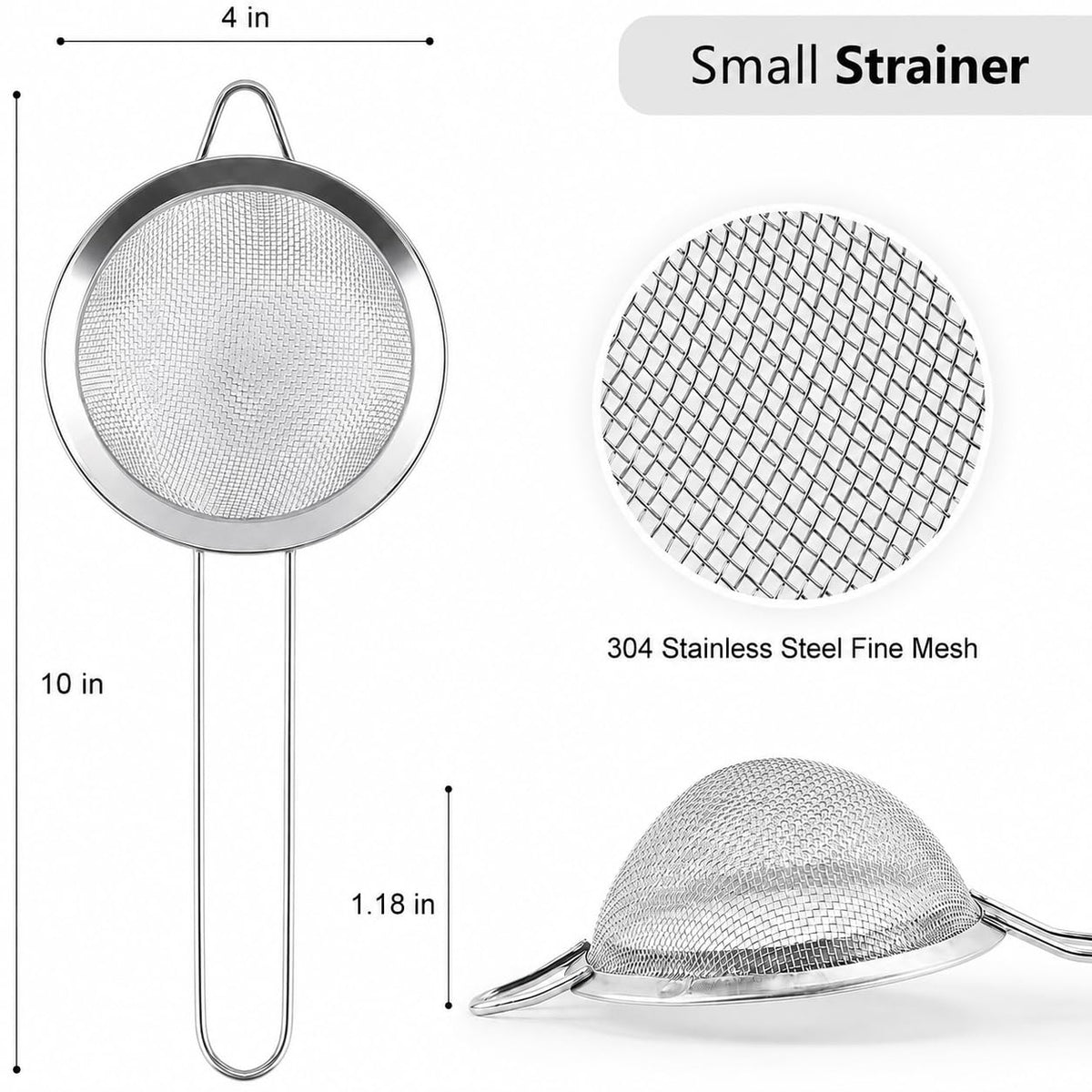 D Fine Mesh Strainer, Stainless Steel Sieve Sifter with Handle, 4-Inch