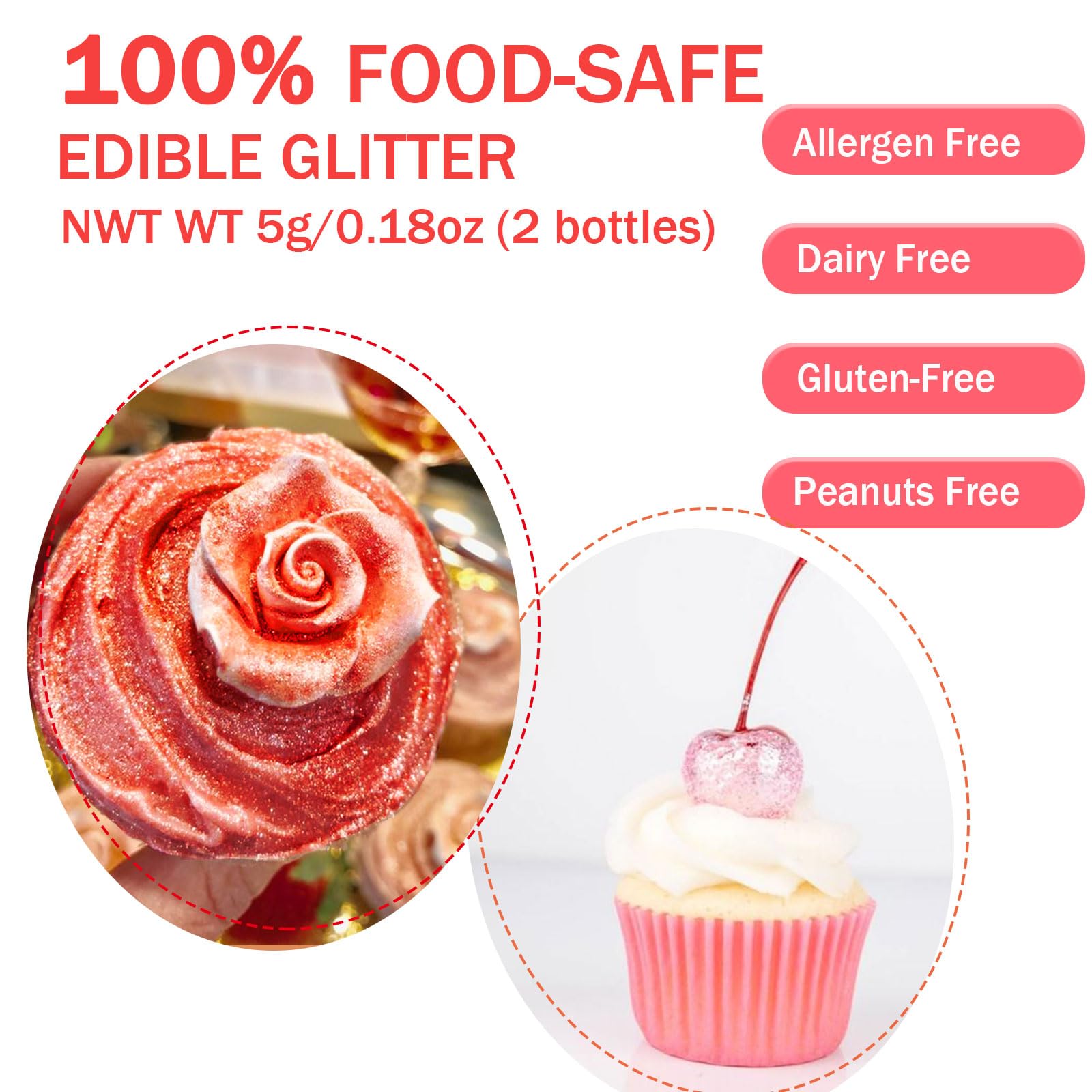 Red Pink Edible Glitter Glimmer Powder for Cakes Drinks - Valentine's Colaele 5 grams Food Grade Luster Dust Metallic Food Decorating Sprinkle Disco Brew Dust for Cake Chocolate Decorations,Vegan