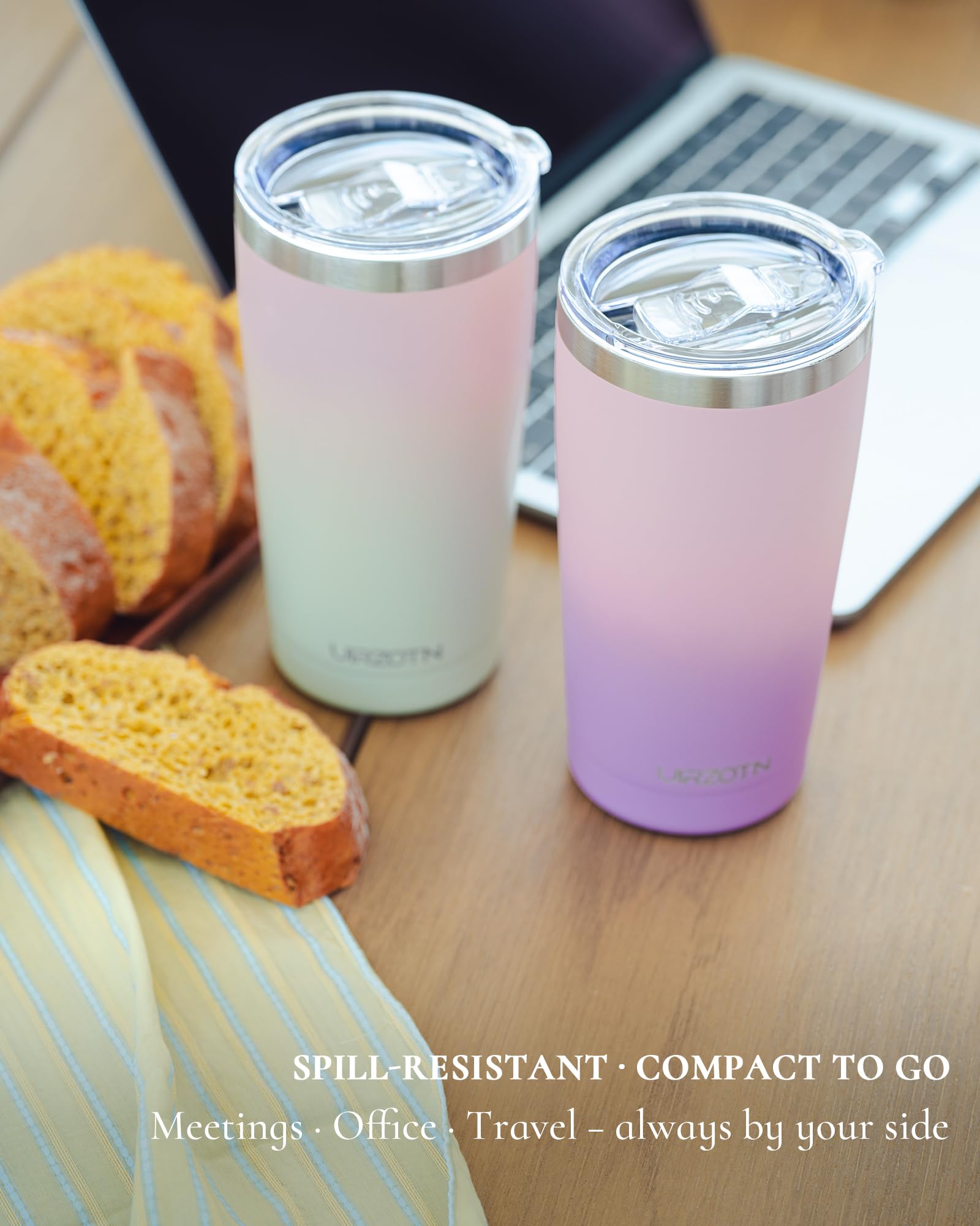 UIRZOTN Travel Coffee Tumbler 20oz, Leakproof Travel Coffee Mug with Lid and Straw, Stainless Steel Double Wall Vacuum Insulated Tumbler for Hot/Iced Drinks (Textured Matte, Soft Pink-Mint Green Fade)
