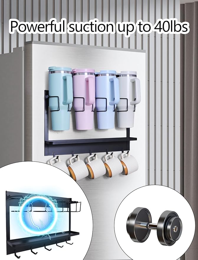 Multi-functional Magnetic Cup Holder ,Space Optimization Solution ,Suitable for Large Tumblers and Daily Items, Equipped with Drip Tray and Hooks, accommodates cups up to 40 oz,holds up to 40 lbs