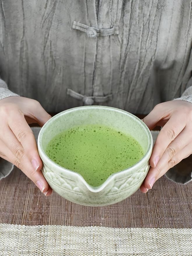 Artcome Matcha Tea Set with Pouring Spout - Green Ceramic Matcha Bowl, Bamboo Whisk, Whisk Holder, Tea Scoop & Matcha Tea Manual for Traditional Japanese Tea Ceremony - Ideal for Gift - Light Green