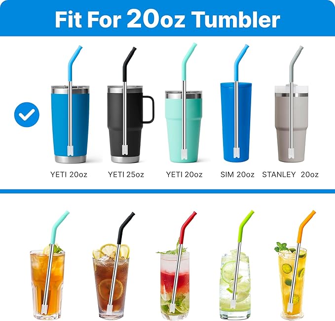 Metal Straws with Silicone Tip for 20 oz YETI Tumbler, 4 Pcs Reusable Stainless Steel Straws for 20 oz Stanley Cup and 16 oz Glass Cups(Color 2)