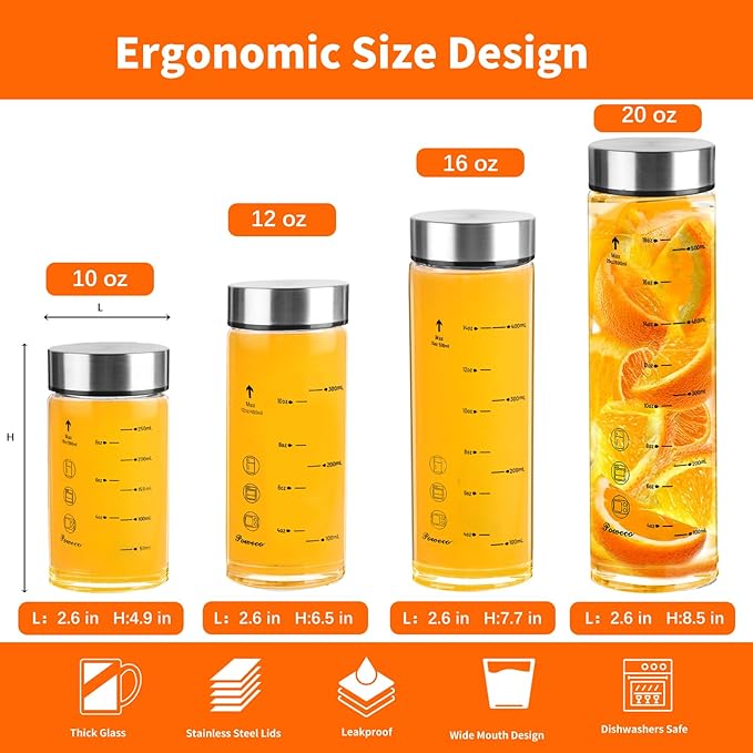 Glass Juice Bottles 4 Pack 16 oz - Wide Mouth Glass Water Bottles with Lids - for Juicing, Protein, Smoothie, Milk, Reusable, BPA Free, Stainless Steel Lids, Blender, Shaker Bottle [16oz/500ml]