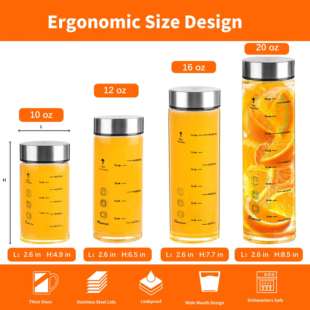 poweco Glass Juice Bottles 4 Pack 12 oz - Wide Mouth Glass Water Bottles with Lids - for Juicing, Protein, Smoothie, Milk, Reusable, BPA Free, Stainless Steel Lids, Blender, Shaker Bottle [400ml]