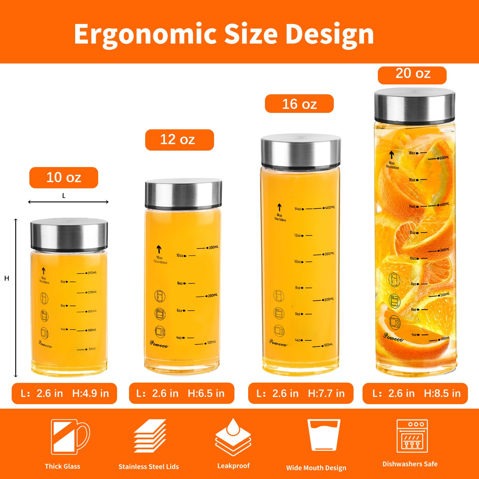 poweco Glass Juice Bottles 4 Pack 12 oz - Wide Mouth Glass Water Bottles with Lids - for Juicing, Protein, Smoothie, Milk, Reusable, BPA Free, Stainless Steel Lids, Blender, Shaker Bottle [400ml]