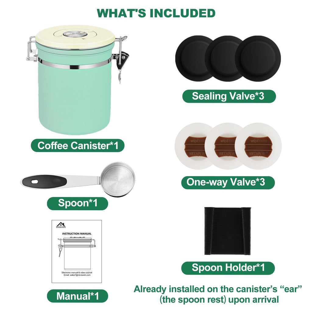 ShanSon Coffee Canister Airtight, Stainless Steel Bean Storage Container with Date Tracker & Scoop, Grounds Sugar Flour Tea Cereal Fits Kitchen Pantry, Ideal Gift for Coffee Lovers,16oz,Green