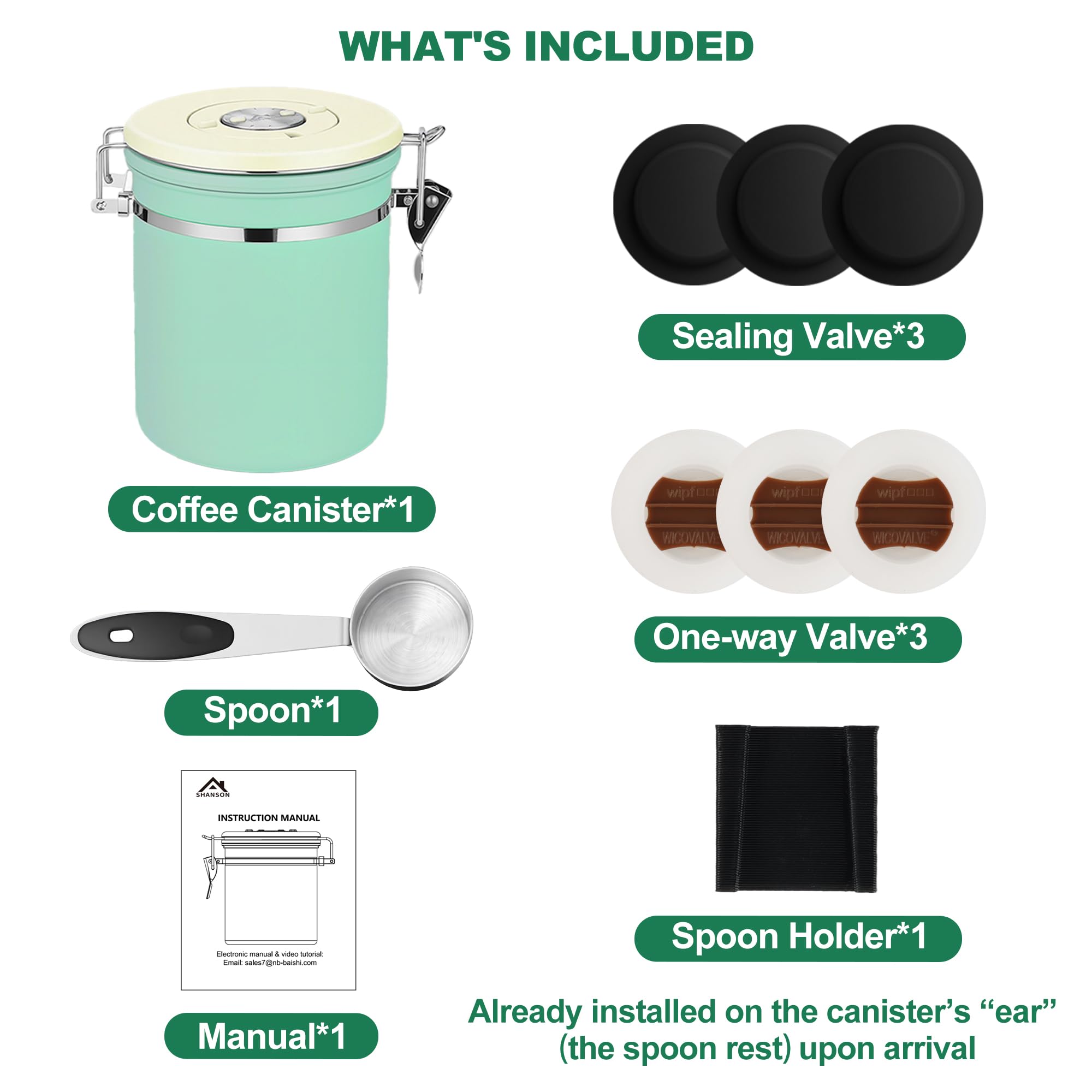 ShanSon Coffee Canister Airtight, Stainless Steel Bean Storage Container with Date Tracker & Scoop, Grounds Sugar Flour Tea Cereal Fits Kitchen Pantry, Ideal Gift for Coffee Lovers,16oz,Green