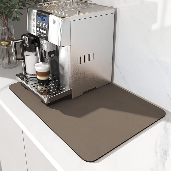 AMOAMI Coffee Mat - Hide Stain Rubber Backed Absorbent Dish Drying Mat for Kitchen Counter - Fits Under Coffee Maker - Khaki 12X19