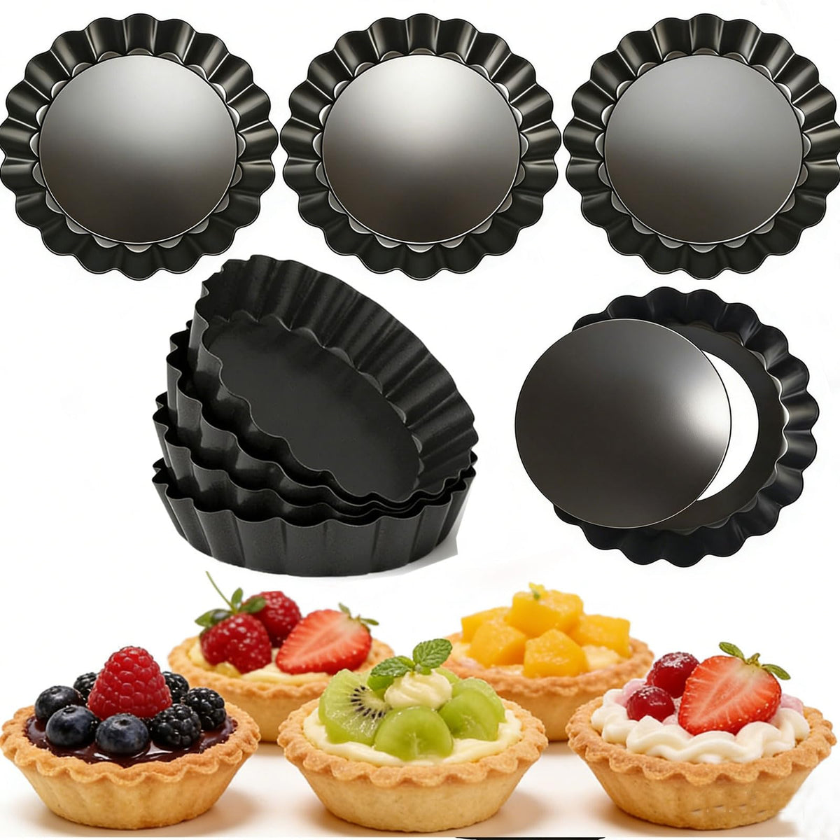 DATANYA Mini Tart Pans Removable Bottom 3 Inch, Carbon Steel Nonstick Quiche Pan Pie Tart Tin Mold, 0.8inches High for Baking Tartlets, Pies, Cakes, Cupcakes - Premium Champagne Gold 12PCS