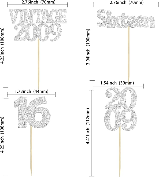 Gyufise 24Pcs 16th Birthday Cupcake Toppers Glitter Sixteen Vintage 2009 Hello 16 Years Birthday Cupcake Picks Sweet 16 Cake Decorations for Happy 16th Birthday Anniversary Party Supplies Silver