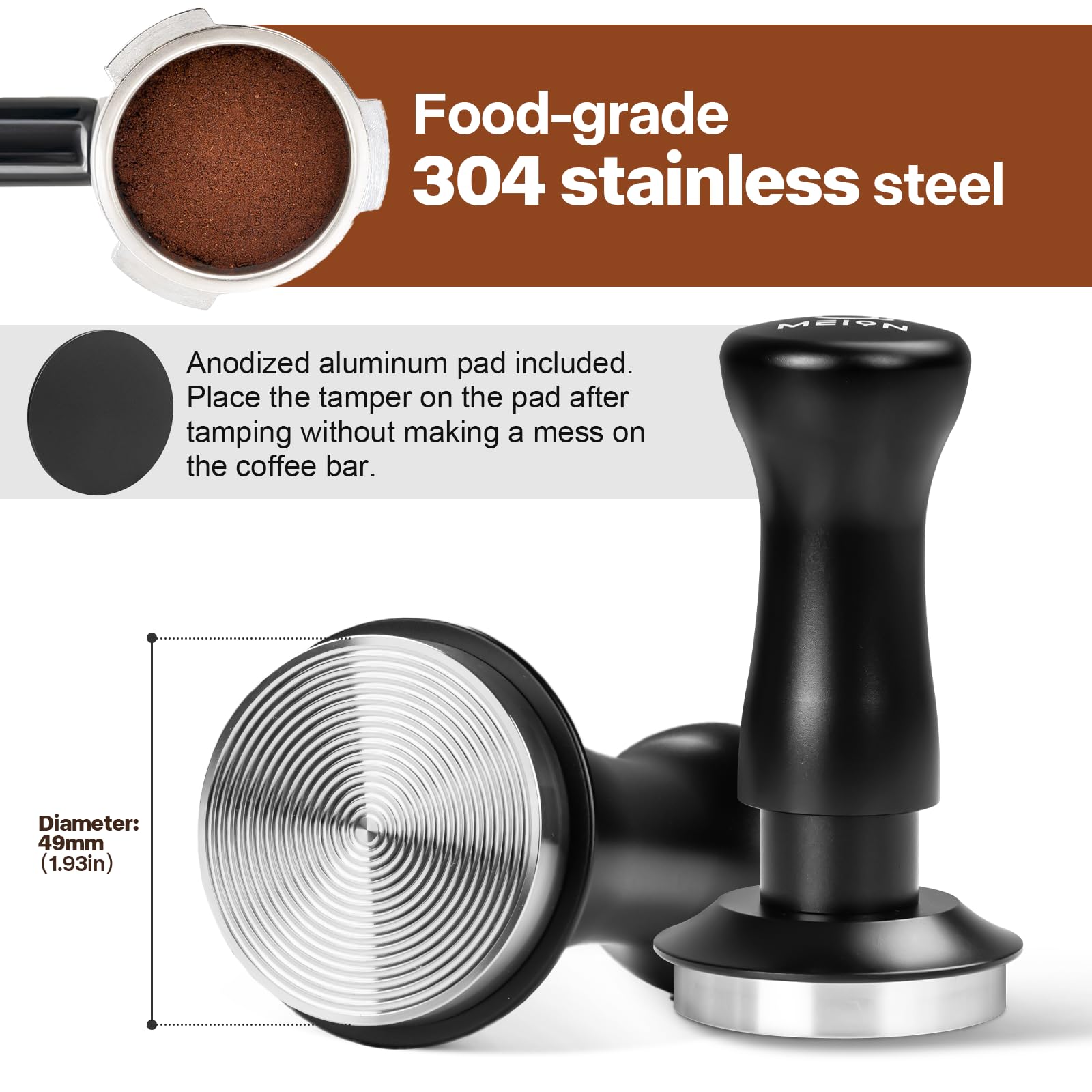 MEION Espresso Tamper 49mm Coffee Tamper, Calibrated Dual Spring Loaded Barista Tamper with Stainless Steel Base, Comes with aluminum storage pad (49MM, Black)