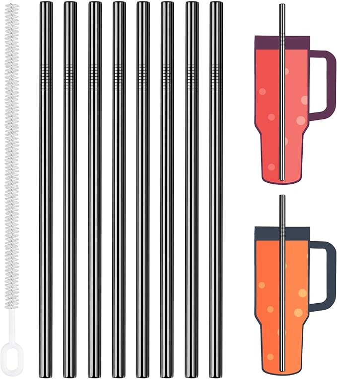 Tomorotec 8-Pack Stainless Steel Straws for Stanley Tumbler 40oz, 12" Metal Straws for Stanley Cup with Brush, Reusable Drinking Straws for Smoothies, Milkshakes, Dishwasher Safe and BPA-Free (Black)