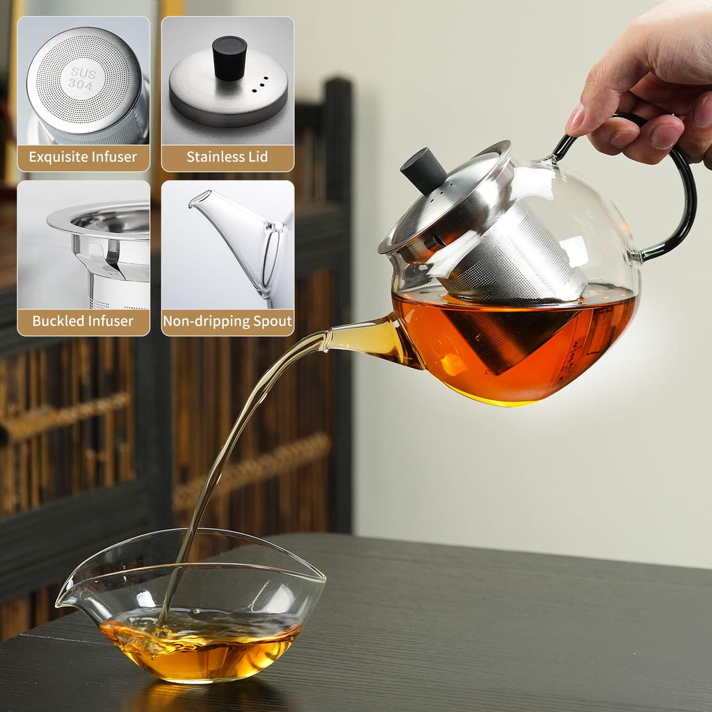 28OZ Glass Teapot with Infuser Stovetop Safe, 800ml Borosilicate Glass Kettle Tea Pot with Infusers tea infuser pot for loose leaf tea, tea Maker brewer, Dishwasher Safe, tetera para te (Clear)