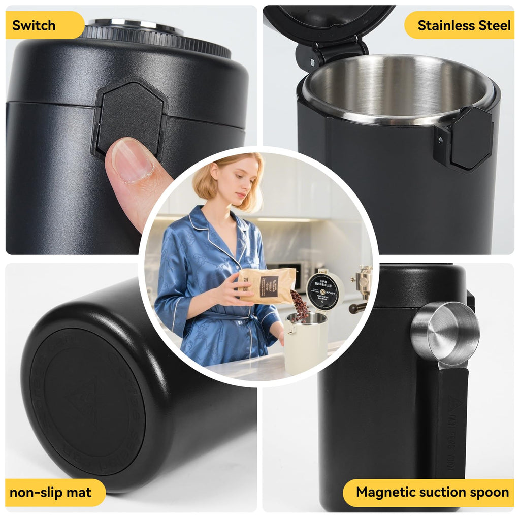 ZENTORIQ Coffee Canister, Airtight Stainless Steel Kitchen Food Storage Container With Spoon And Date Tracker, For Ground Coffee, Cereal, Bean, Tea,Sugar (black)
