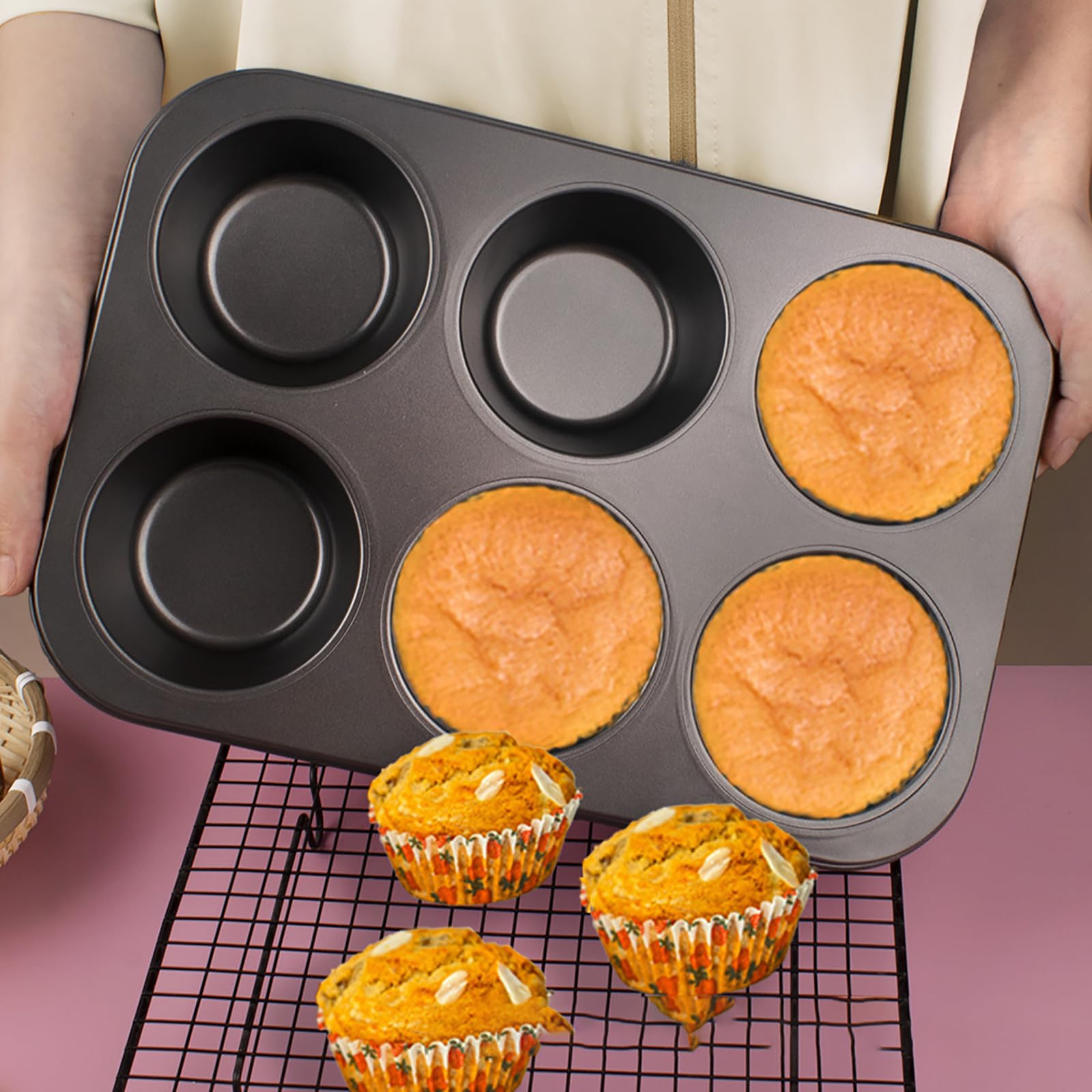 Cayanmydery 2 Packs 6-Cup Muffin Baking Pan Tin, Small Round Muffin Tin, Nonstick Cupcake Pans, Cheesecake Pans, Carbon Steel, Black