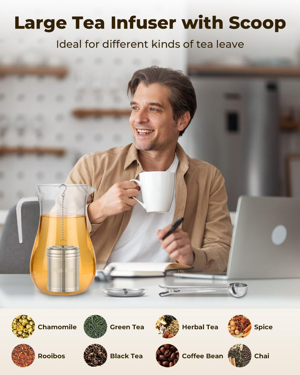 HOUSE AGAIN Tea Infuser (2 Pack, Large + Small), Extra Fine Mesh Tea Strainers for Loose Tea, 18/8 Stainless Steel Tea Strainer with Extended Chain Hook, Tea Steeper