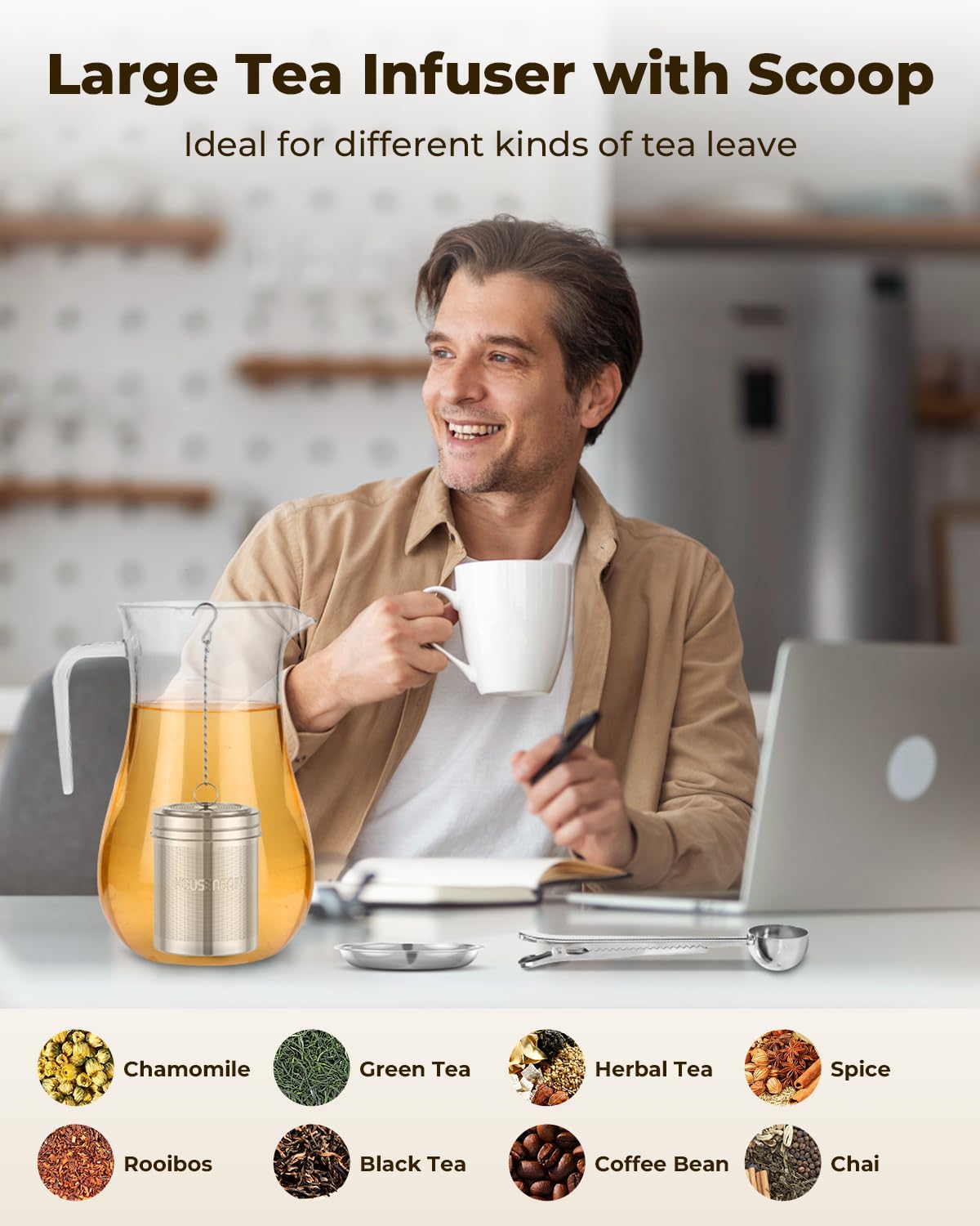 HOUSE AGAIN Tea Infuser (2 Pack, Large + Small), Extra Fine Mesh Tea Strainers for Loose Tea, 18/8 Stainless Steel Tea Strainer with Extended Chain Hook, Tea Steeper