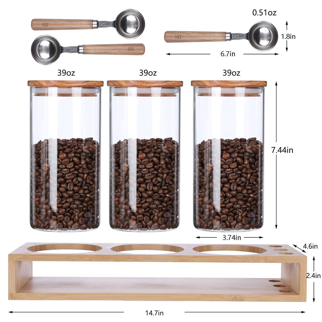 KKC HOME ACCNETS GGlass Canister Set with Bamboo Rack & Scoops-39oz 3 Pack