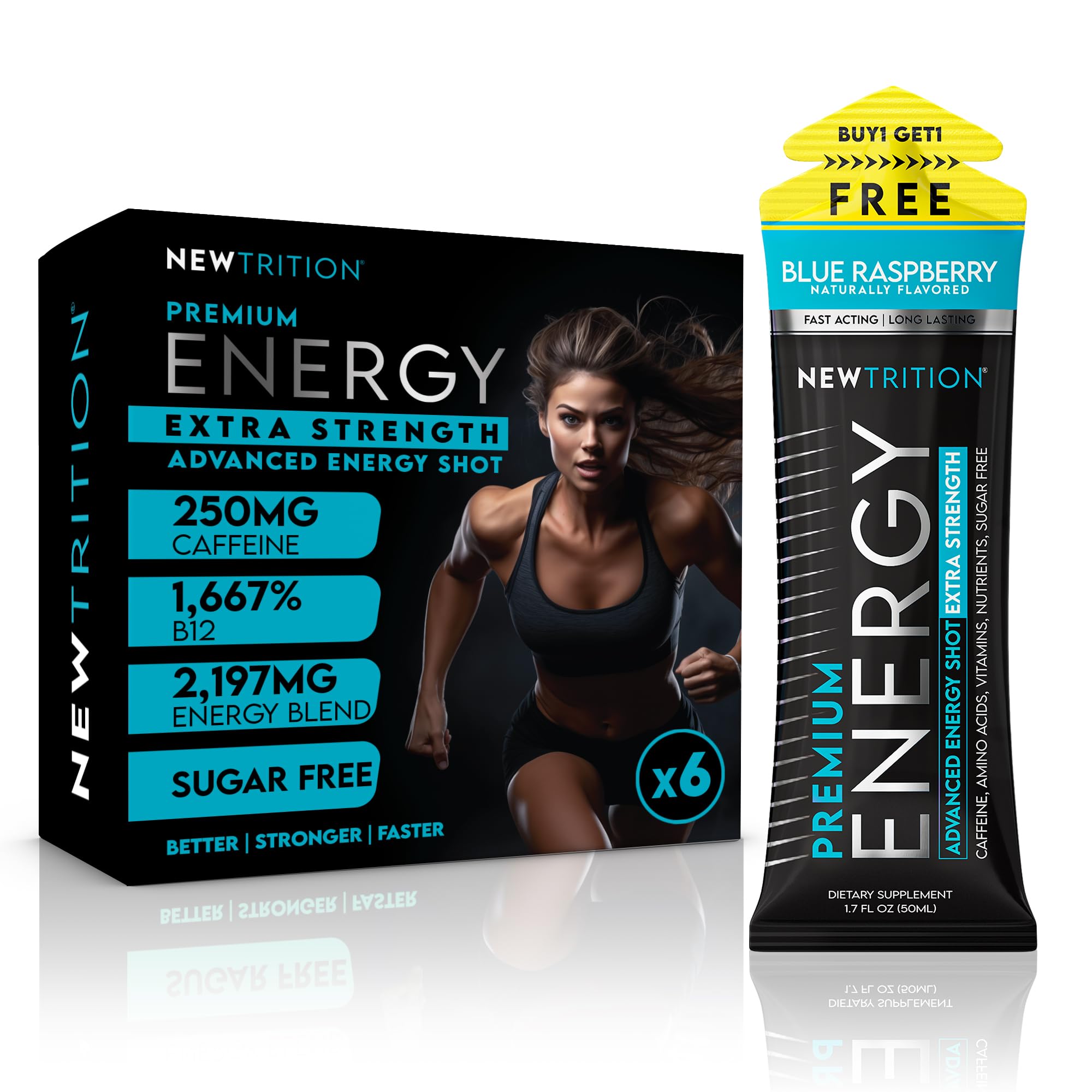 NewTrition® Extra Strength Energy Shots, 1.7 fl oz - 250mg Caffeine with Vitamin B & Amino Acids, Sugar-Free, Zero Calorie Vitamin Energy Drink for Focus & Endurance (Pack of 6, Blue Raspberry)