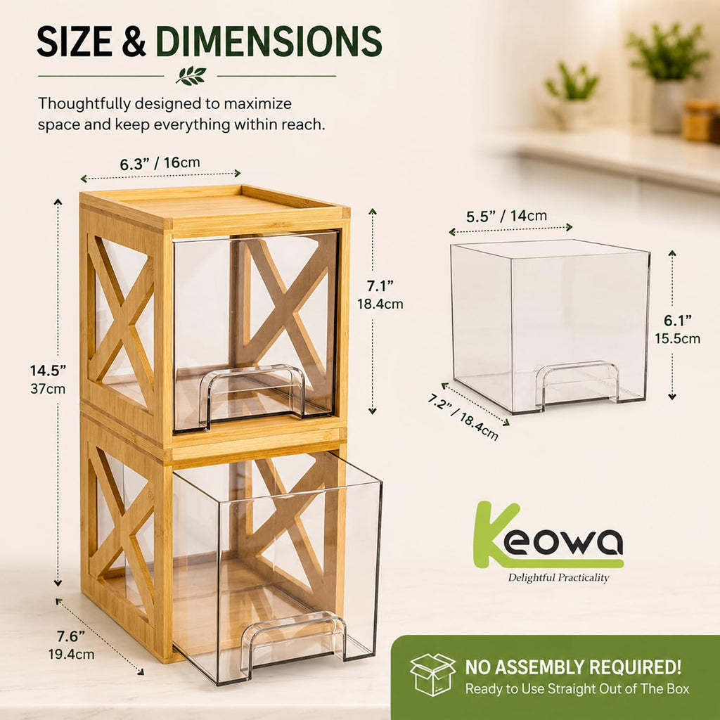 Bamboo Snack & Pantry Organizer, Stackable Pull-Out Drawers, 2 Pack