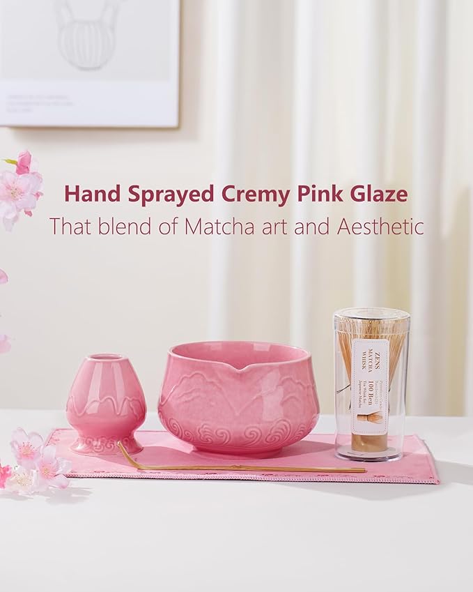 ZENS Matcha Whisk Set, 6pcs Matcha Set Pink Includes 15oz Ceramic Bowl and Bamboo Whisk (Chasen Holder) Scoop, 304 Sifter & Pink Tea Mat, Japanesse Matcha Kit for Matcha Latte-Making