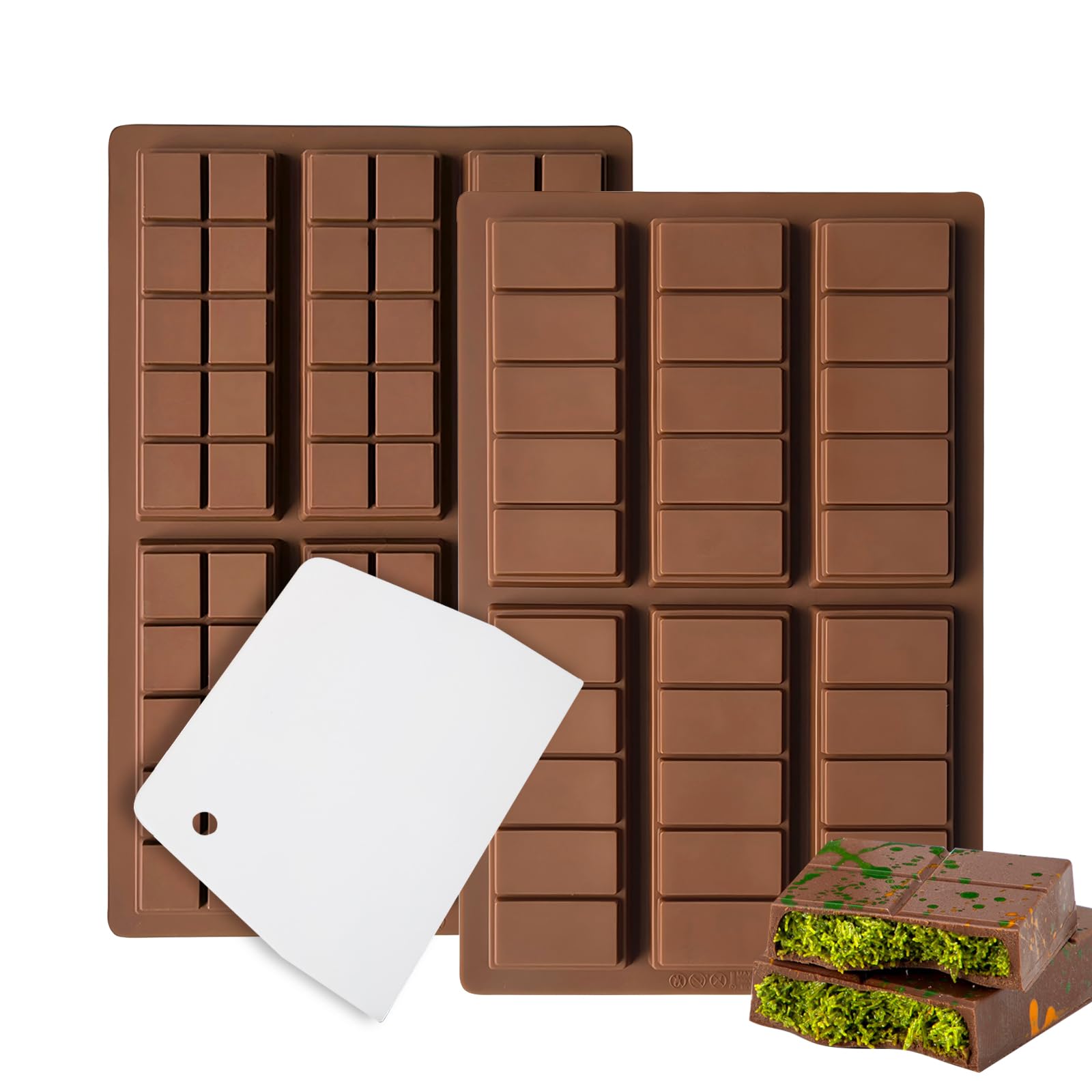 Zivcaer 2 Pack Chocolate Bar Mold Deep for Stuffed Bar, Non-Stick Thick Chocolate Molds, Silicone Chocolate Candy Molds for Knafeh Pistachio Chocolate Bar, Candy, DIY Handmade Gifts (5 Snap+10 Snap)