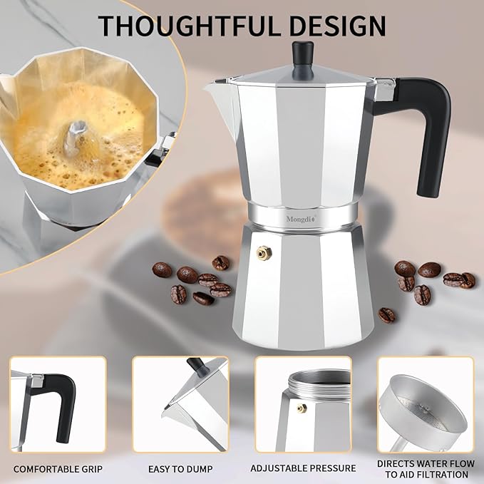 Mongdio Stovetop Espresso Maker Moka Pot, Stove Top Cuban Coffee Maker, Italian Greca Mocha Pot, 9 Espresso Cups, 15 oz - Silver
