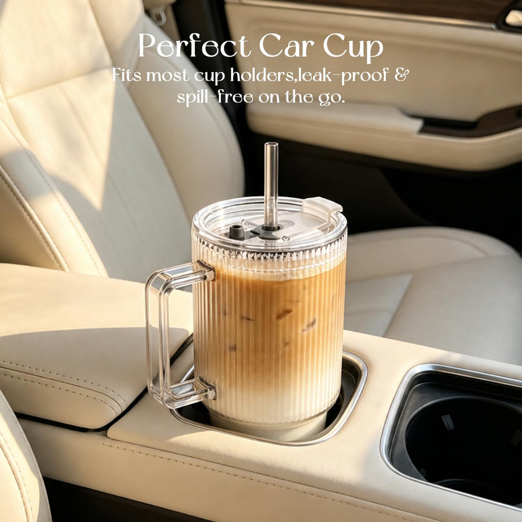 KEMORELA 24 Oz Ribbed Glass Tumblers with Lids and Straws, Tumbler Cup with Handle, Iced Coffee Glassware, Clear Reusable Drinkware for Smoothies and Beverages (1)