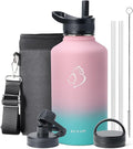 BUZIO 64 oz Water Bottle Insulated with Straw & 3 lid and Carrying Pouch, Leak Proof Half Gallon Stainless Steel Water Flask Jug, Cold for 48 Hrs Double Vacuum Thermo Canteen, BPA-Free, Bubble Gum