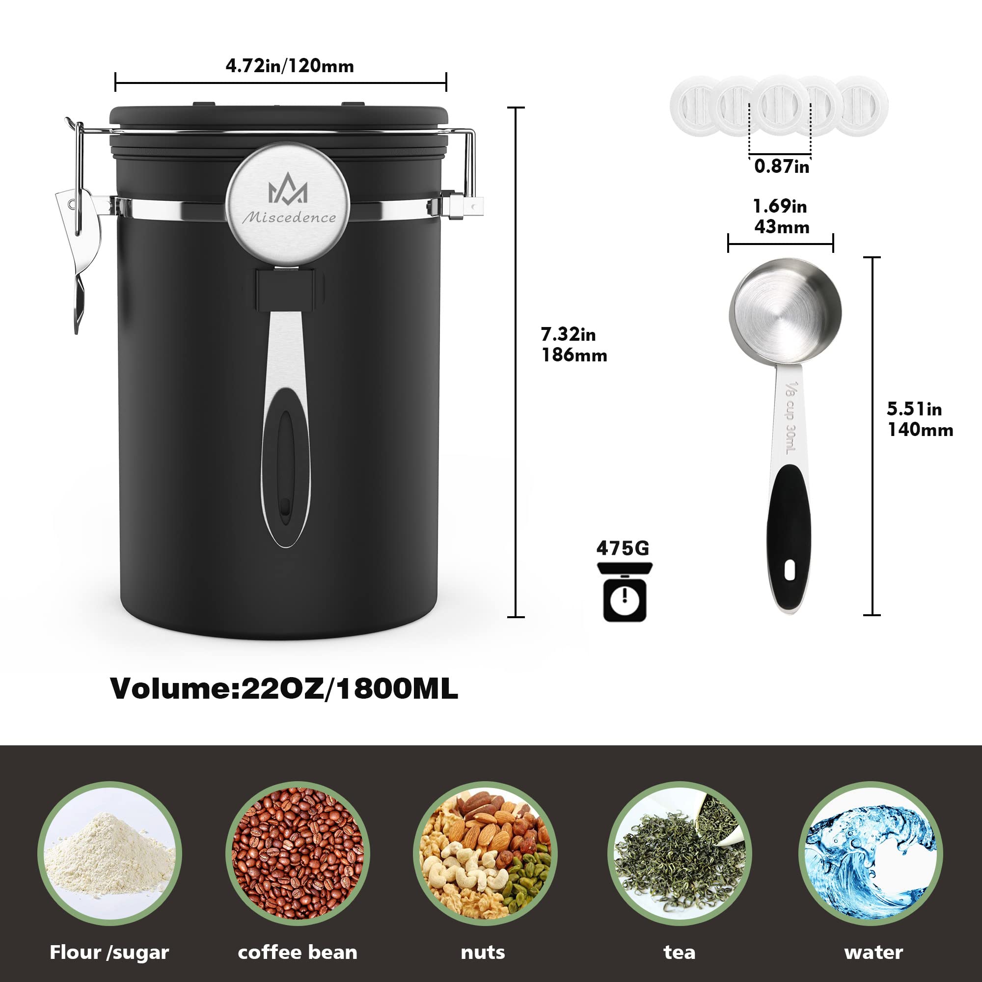 Miscedence Coffee Canister with Scoop,Date Tracker 304 Stainless Steel Airtight Container One-Way CO2 Valve for Coffee Beans,Tea,Sugar,Kitchen Storage (Black, 22oz)