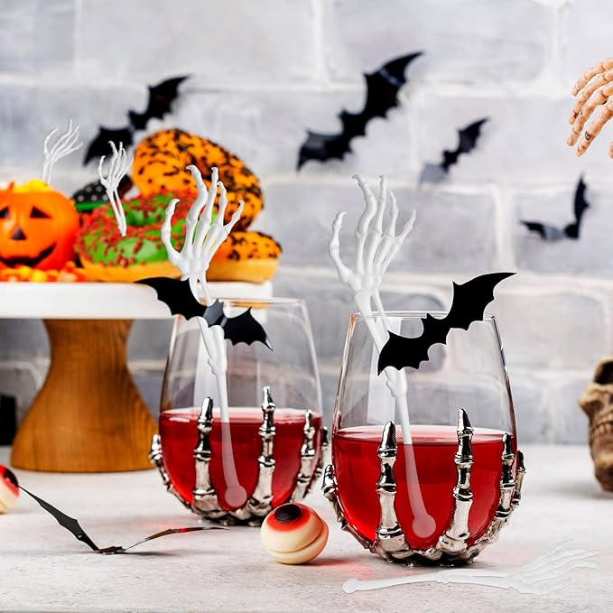 Remerry 100 Pcs Halloween Skeleton Swizzle Sticks Cocktail Garnish Sticks Hand Plastic Food Picks Coffee Stirrers Reusable Drink Stir Sticks Halloween Party Decorations for Birthday Bar Home(White)