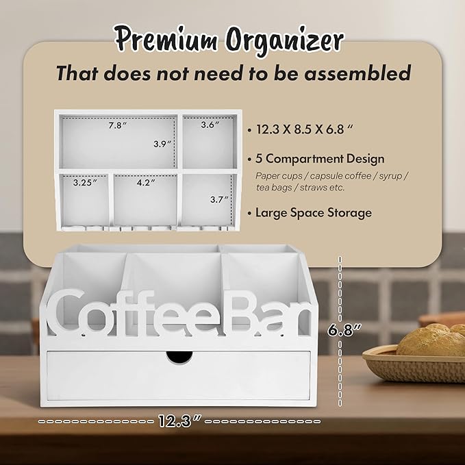 Coffee Bar Organizer for Countertop – Wooden Coffee Station with Black Drawer, Tea and K Cup Storage Rack, Coffee Pod Holder for Home and Office Counter Organization (Drawer - White)
