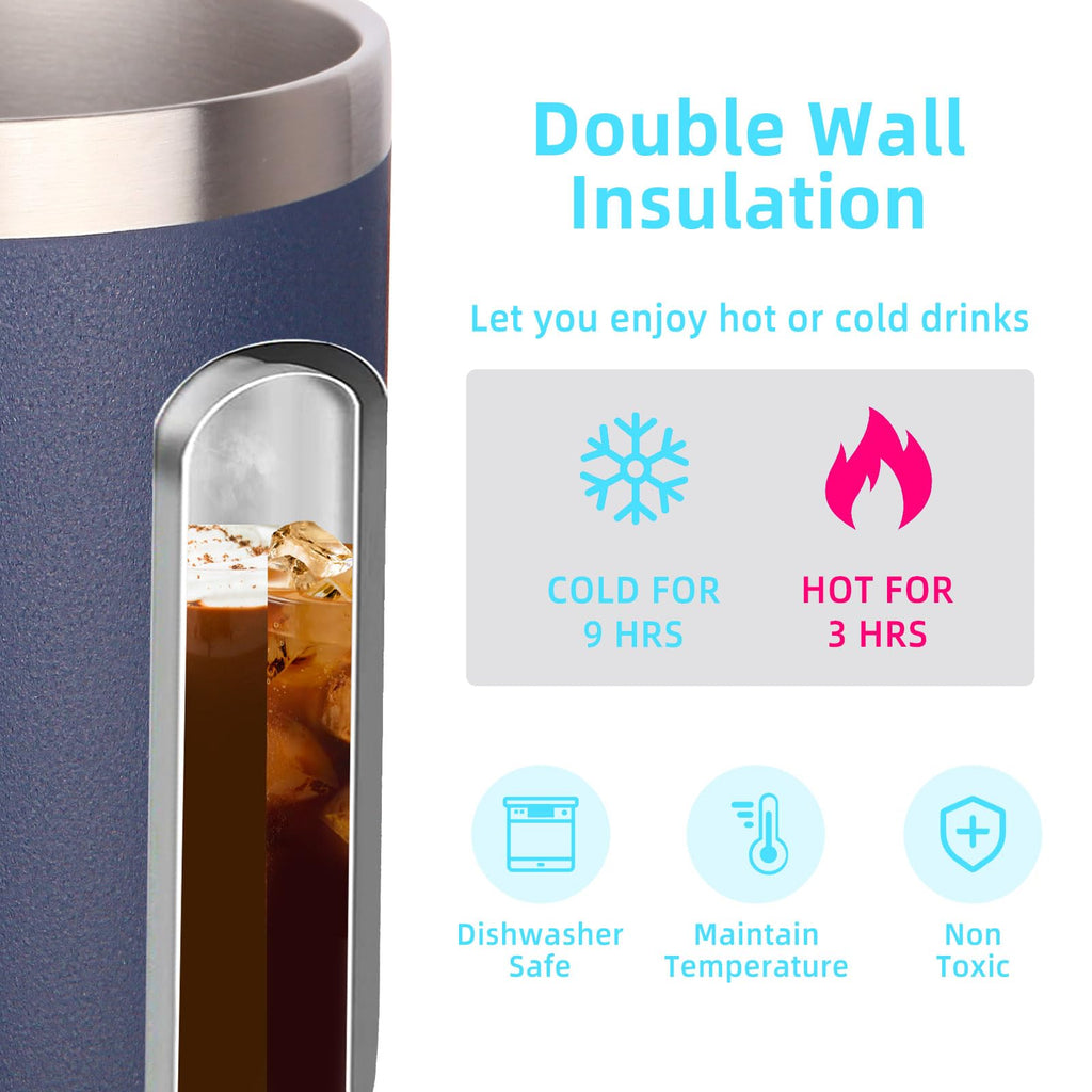 Volhoply 14oz Insulated Stainless Steel Coffee Mug with Lid Bulk 8 Pack,Double Wall Vacuum Travel Coffee Cup with Handle,Reusable Metal Cups Tumbler,Camping Mugs Keep Hot,Ideal Gifts(Navy,8)