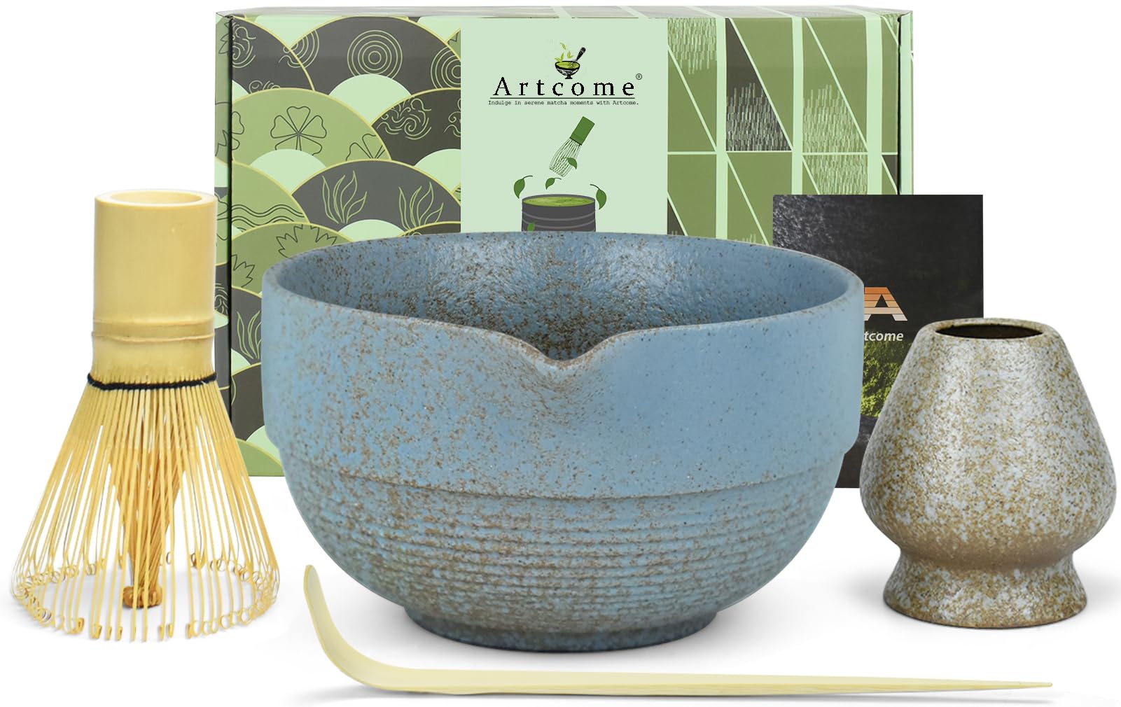 Artcome Premium Matcha Tea Set - 17oz Handcrafted Ceramic Bowl with Blue Reactive Glaze, Bamboo Whisk, Scoop, Whisk Holder & Brewing Guide - Japanese Tea Ceremony Tools for Perfect Matcha Preparation