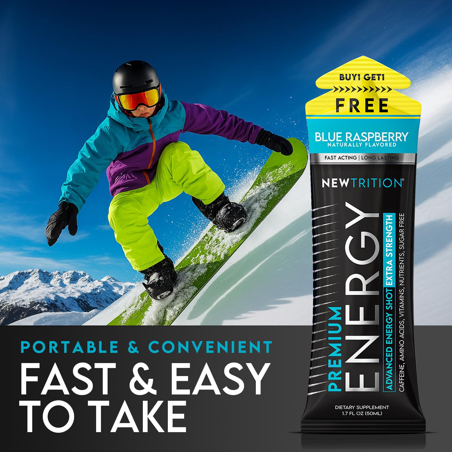 NewTrition® Extra Strength Energy Shots, 1.7 fl oz - 250mg Caffeine with Vitamin B & Amino Acids, Sugar-Free, Zero Calorie Vitamin Energy Drink for Focus & Endurance (Pack of 6, Blue Raspberry)