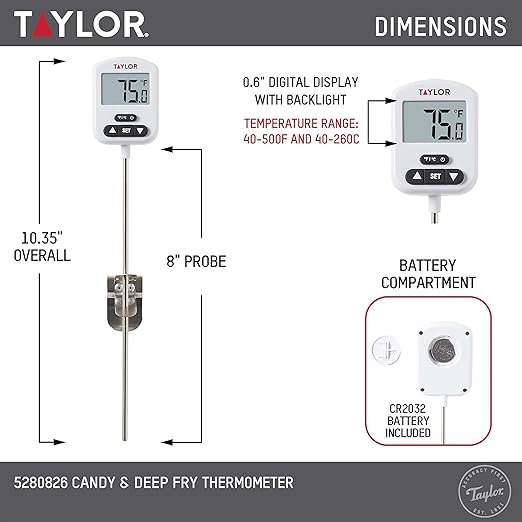 Taylor Programmable Digital Candy and Deep Fry Thermometer with Green Light Alert Display & Stainless Steel Candy Deep Fry Food Cooking Kitchen Analog Thermometer, 12 Inches