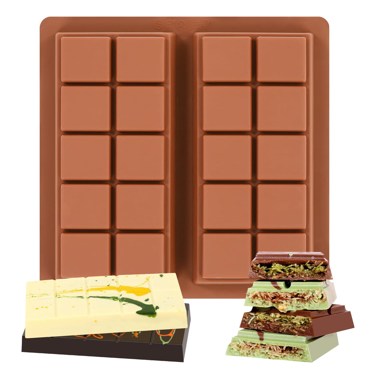 Fimary Dubai Chocolate Molds 1 Inch Deep, Silicone Chocolate Bar Mold – Non-Stick, Flexible, Large and Thick Homemade Chocolates, Candies, and Desserts - Set of 2