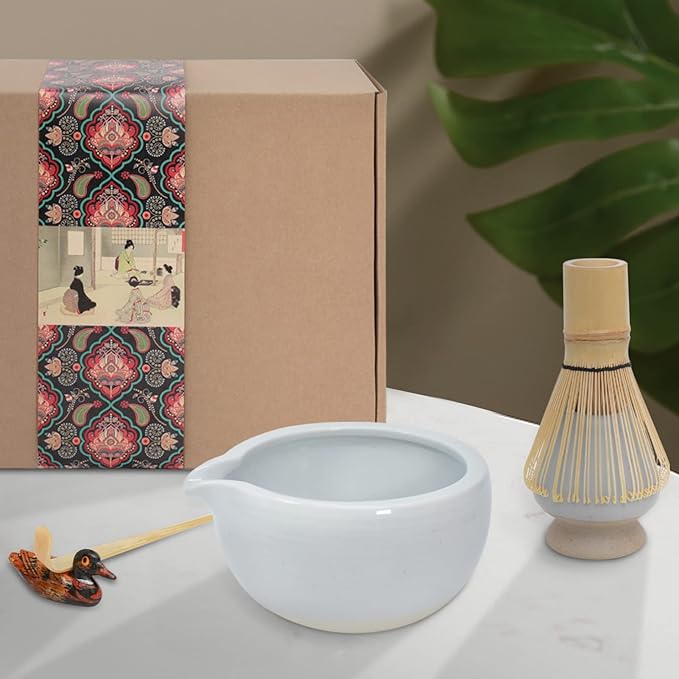 Artcome Matcha Ceremony Kit for Japanese Tea Ceremony, Bowl with Pouring Spout, Whisk, Tea Scoop, Matcha Powder Strainer, Matcha Tea Set For Making Usucha, Koicha and Matcha Latte (Cyan)