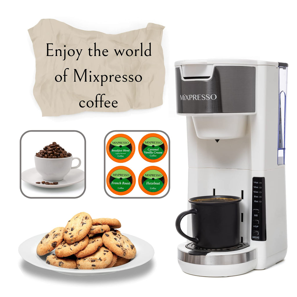 Mixpresso White Single Serve Coffee Brewer K-Cup Pods Compatible & Ground