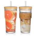 AUFXKOO 20oz Glass Cups with Lids and Straws,2PCS Ribbed Glass Coffee Cups,Iced Coffee Cups with Lid,Vintage Bamboo Tumbler for Juice,Smoothies